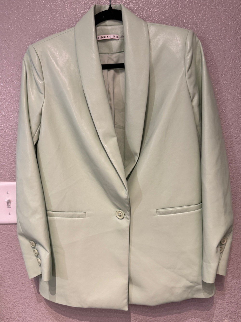 Alice + Olivia Denny Blazer Faux Leather Sage Green Shawl Collar Jacket Size 0